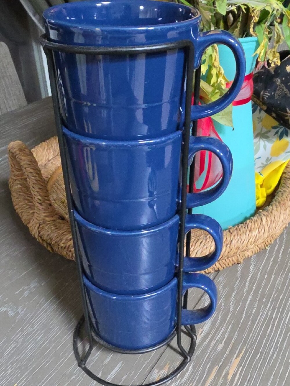 Stackable Blue Ceramic Mugs with Metal Rack - Home Kitchen - Picture 2 of 4